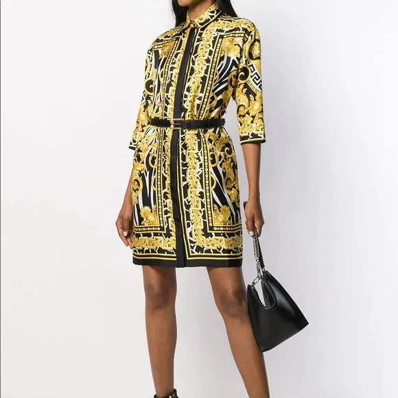 versace black gold dress VERSACE WOMEN Couture Logo Print Mini Dress Black Gold main image 0
